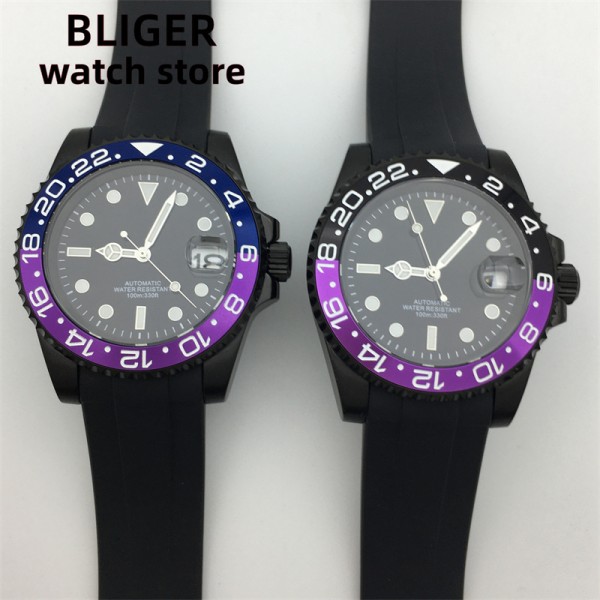 BLIGER 40mm NH35 miyota8215 Automatic Men's Watch PVD Black case Black Purple/Blue Purple Insert Sapphire Waterproof Rubber Bracelet