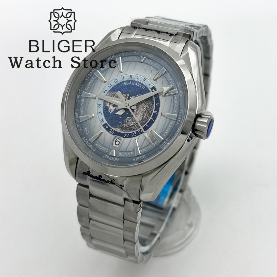 BLIGER 40MM World Time Earth Map NH35 Automatic Mechanical Watches For Men Sapphire Crystal 6 o 'clock Date Deep waterproofing