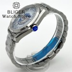 BLIGER 40MM World Time Earth Map NH35 Automatic Mechanical Watches For Men Sapphire Crystal 6 o 'clock Date Deep waterproofing