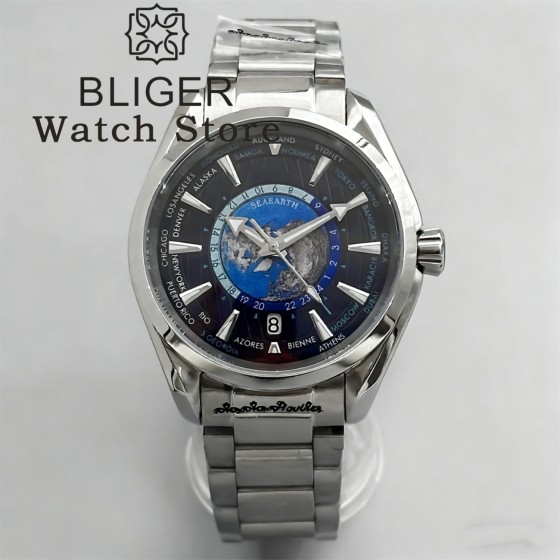 BLIGER 40MM World Time Earth Map NH35 Automatic Mechanical Watches For Men Sapphire Crystal 6 o 'clock Date Deep waterproofing