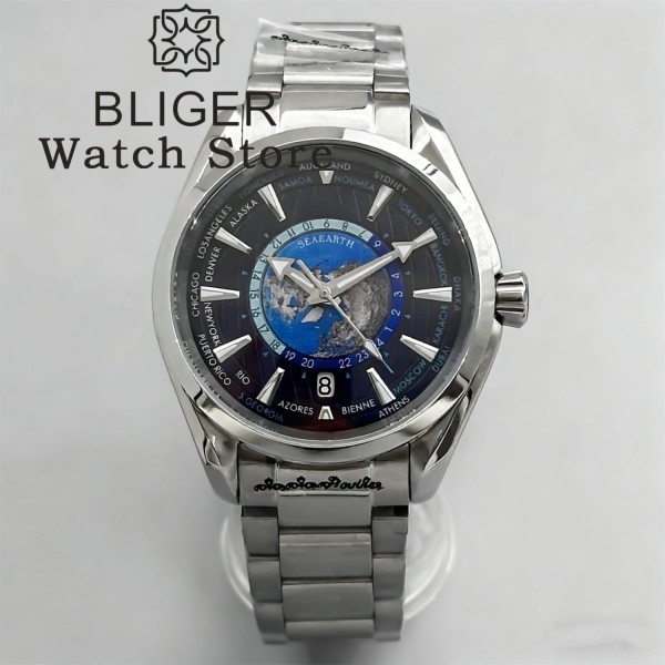 BLIGER 40MM World Time Earth Map NH35 Automatic Mechanical Watches For Men Sapphire Crystal 6 o 'clock Date Deep waterproofing