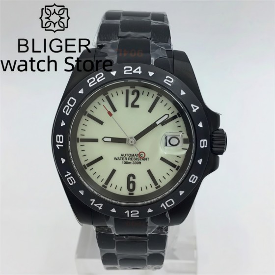 BLIGER 40mm EXP NH35 Watch For Men Black Case Fixed 24hour Bezel Full Luminous Fluorescent White Dial Sapphire Glass Waterproo
