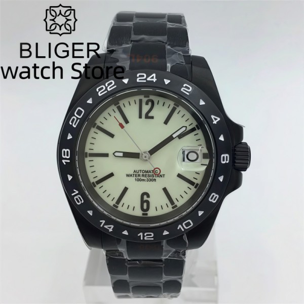 BLIGER 40mm EXP NH35 Watch For Men Black Case Fixed 24hour Bezel Full Luminous Fluorescent White Dial Sapphire Glass Waterproo