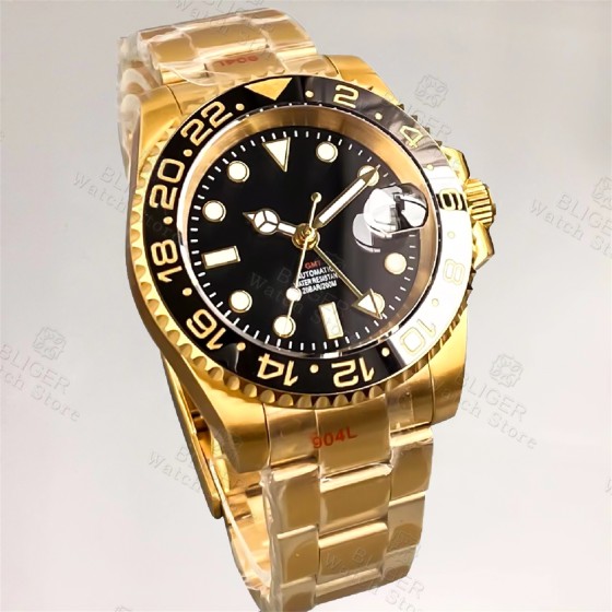 BLIGER 40mm Yellow Gold 3804 GMT Automatic Watch For Men Ceramics Grey Black Bezel Sapphire Glass Luminous Dial Waterproof
