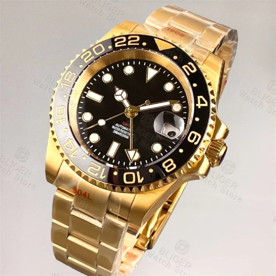 BLIGER 40mm Yellow Gold 3804 GMT Automatic Watch For Men Ceramics Grey Black Bezel Sapphire Glass Luminous Dial Waterproof