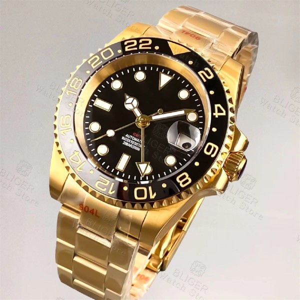 BLIGER 40mm Yellow Gold 3804 GMT Automatic Watch For Men Ceramics Grey Black Bezel Sapphire Glass Luminous Dial Waterproof