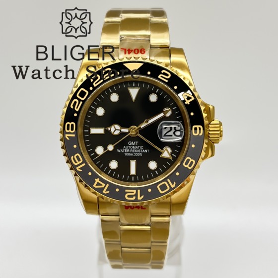 BLIGER 40mm Yellow Gold 3804 GMT 10ATM Waterproof Selfwinding Wristwatch Men Date Ceramic Insert Sapphire Crystal Reloj Hombre