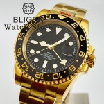 BLIGER 40mm Yellow Gold 3804 GMT 10ATM Waterproof Selfwinding Wristwatch Men Date Ceramic Insert Sapphire Crystal Reloj Hombre