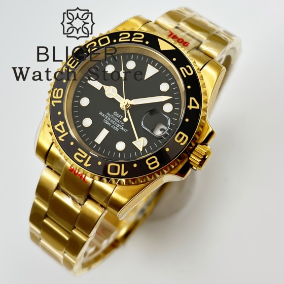 BLIGER 40mm Yellow Gold 3804 GMT 10ATM Waterproof Selfwinding Wristwatch Men Date Ceramic Insert Sapphire Crystal Reloj Hombre