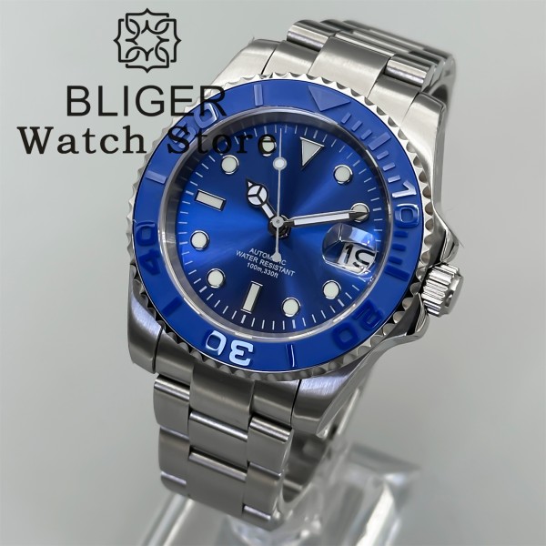 BLIGER 40mm Blue Dive Automatic Watch For Men NH35 MIYOTA 8215 PT5000 Sapphire Glass Magnified Date Green Luminous Ceramic Bezel