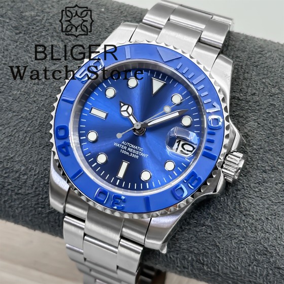 BLIGER 40mm Blue Dive Automatic Watch For Men NH35 MIYOTA 8215 PT5000 Sapphire Glass Magnified Date Green Luminous Ceramic Bezel