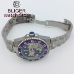 BLIGER 40mm NH34 GMT Mechanical Automatic For Men Diver Watch 100M Blue Dial Luminous Sapphire glass Stainless steel Bracelet