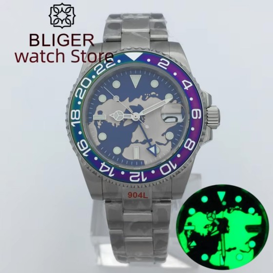 BLIGER 40mm NH34 GMT Mechanical Automatic For Men Diver Watch 100M Blue Dial Luminous Sapphire glass Stainless steel Bracelet