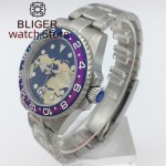 BLIGER 40mm NH34 GMT Mechanical Automatic For Men Diver Watch 100M Blue Dial Luminous Sapphire glass Stainless steel Bracelet