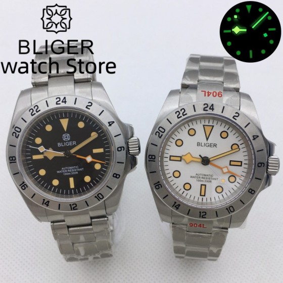 BLIGER 40mm NH34 GMT Men Automatic Mechanical Watch Classic Retro Watch Stainless Steel 100m Waterproof Clock Reloj Hombre