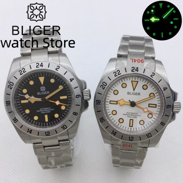 BLIGER 40mm NH34 GMT Men Automatic Mechanical Watch Classic Retro Watch Stainless Steel 100m Waterproof Clock Reloj Hombre