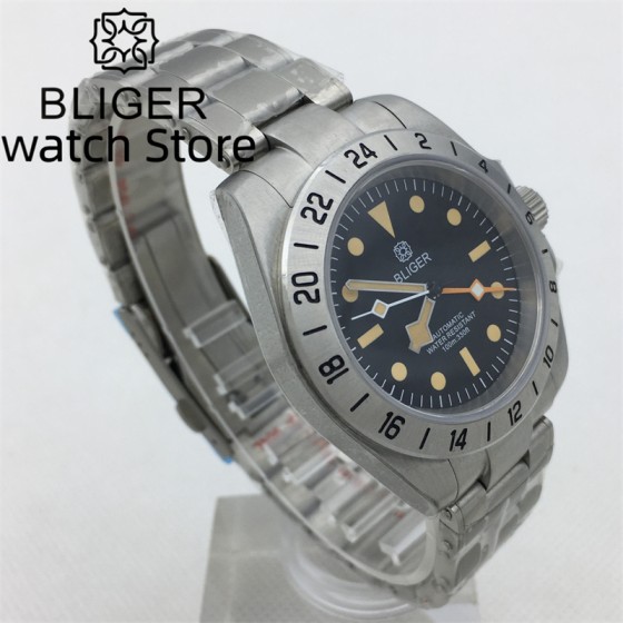 BLIGER 40mm NH34 GMT Men Automatic Mechanical Watch Classic Retro Watch Stainless Steel 100m Waterproof Clock Reloj Hombre