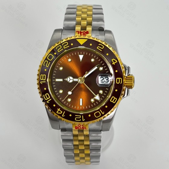 BLIGER 40mm Rootbeer NH34 Automatic GMT Men Watch Luxury Two Tone Gold Case Bracelet Brown Dial Luminous Sapphire Glass