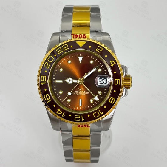 BLIGER 40mm Rootbeer NH34 Automatic GMT Men Watch Luxury Two Tone Gold Case Bracelet Brown Dial Luminous Sapphire Glass