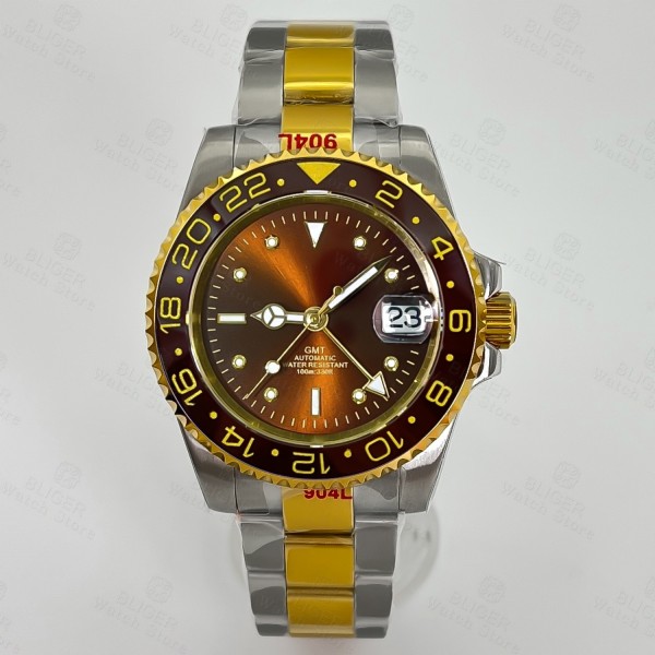 BLIGER 40mm Rootbeer NH34 Automatic GMT Men Watch Luxury Two Tone Gold Case Bracelet Brown Dial Luminous Sapphire Glass