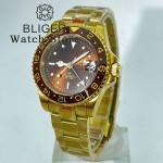 BLIGER 40mm Rootbeer NH34 Automatic GMT Men Watch Luxury Two Tone Gold Case Bracelet Brown Dial Luminous Sapphire Glass