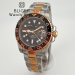 BLIGER 40mm Rose Gold NH34GMT Automatic Tiger Eye Texture Watch For Men Steel Strap Ceramics Bezel Sapphire Glass Luminous 10Bar