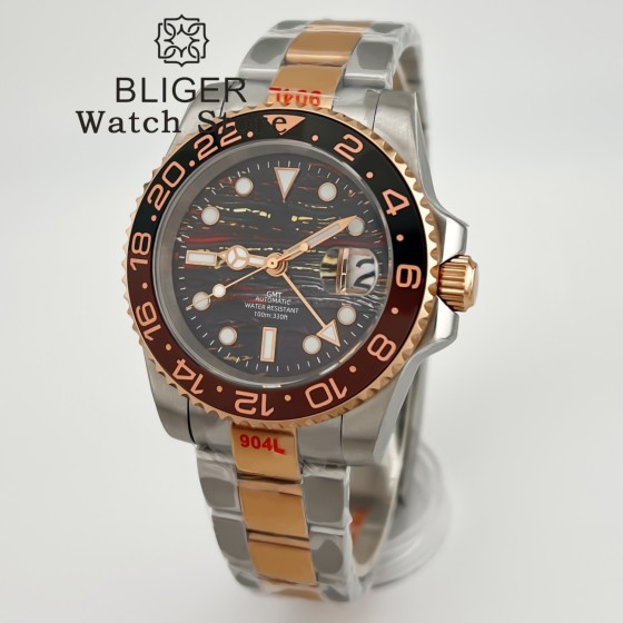 BLIGER 40mm Rose Gold NH34GMT Automatic Tiger Eye Texture Watch For Men Steel Strap Ceramics Bezel Sapphire Glass Luminous 10Bar