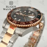 BLIGER 40mm Rose Gold NH34GMT Automatic Tiger Eye Texture Watch For Men Steel Strap Ceramics Bezel Sapphire Glass Luminous 10Bar