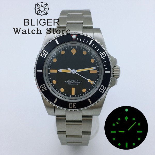 BLIGER 40MM Vintage Diving Watch NH35 PT5000 Movement Dome glass C3 Luminous Dial Waterproof Watch For Men