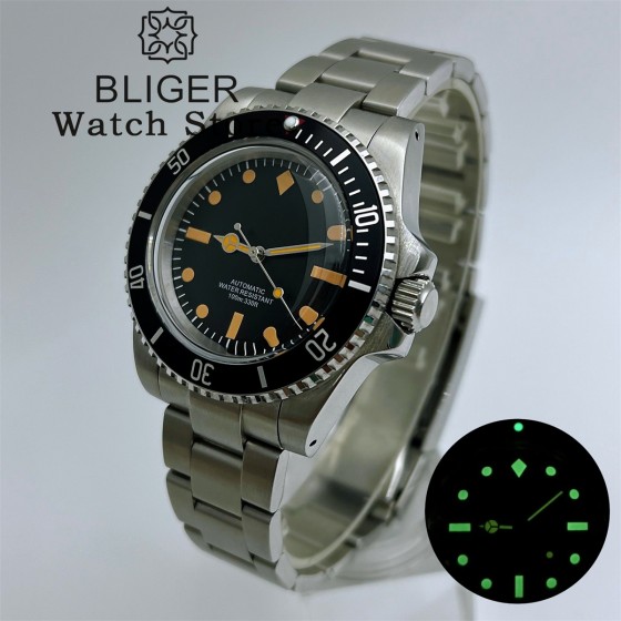 BLIGER 40MM Vintage Diving Watch NH35 PT5000 Movement Dome glass C3 Luminous Dial Waterproof Watch For Men