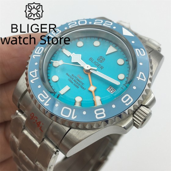 BLIGER GMT 40mm NH34A Mechanical Dive Watch Men 200M Waterproof Luminous Sky Blue Ceramic Insert Dome glass Stainless Bracelet