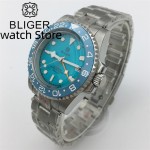 BLIGER GMT 40mm NH34A Mechanical Dive Watch Men 200M Waterproof Luminous Sky Blue Ceramic Insert Dome glass Stainless Bracelet