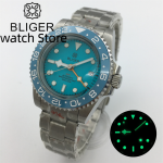 BLIGER GMT 40mm NH34A Mechanical Dive Watch Men 200M Waterproof Luminous Sky Blue Ceramic Insert Dome glass Stainless Bracelet