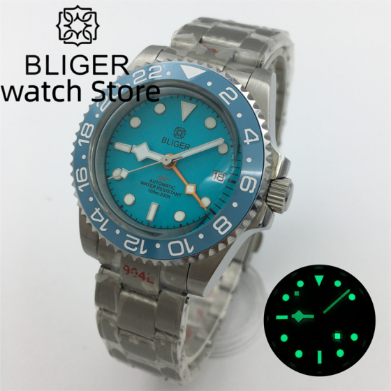 BLIGER GMT 40mm NH34A Mechanical Dive Watch Men 200M Waterproof Luminous Sky Blue Ceramic Insert Dome glass Stainless Bracelet