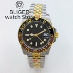 BLIGER 40mm NH34 GMT Automatic Watch For Men Black Dial Luminous Sapphire Glass Luxury Two Tone Gold Case Bracelet