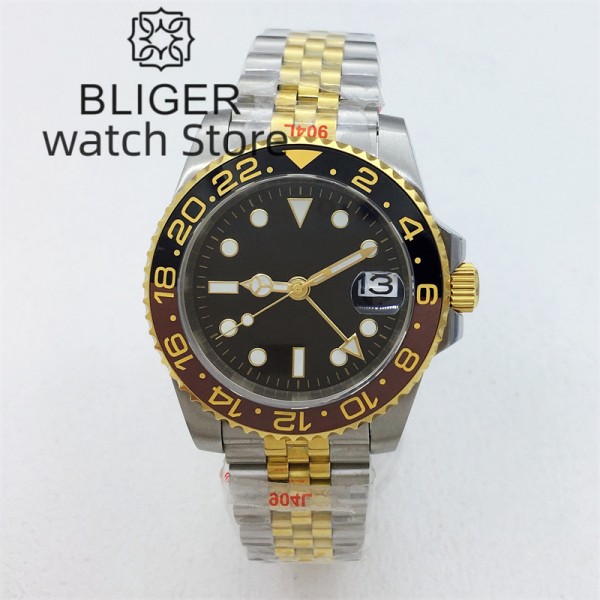 BLIGER 40mm NH34 GMT Automatic Watch For Men Black Dial Luminous Sapphire Glass Luxury Two Tone Gold Case Bracelet