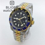 BLIGER 40mm NH34 GMT Automatic Watch For Men Black Dial Luminous Sapphire Glass Luxury Two Tone Gold Case Bracelet