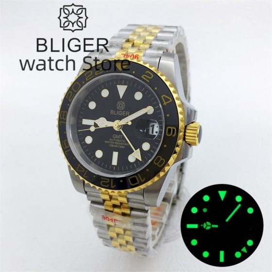 BLIGER 40mm NH34 GMT Automatic Watch For Men Black Dial Luminous Sapphire Glass Luxury Two Tone Gold Case Bracelet
